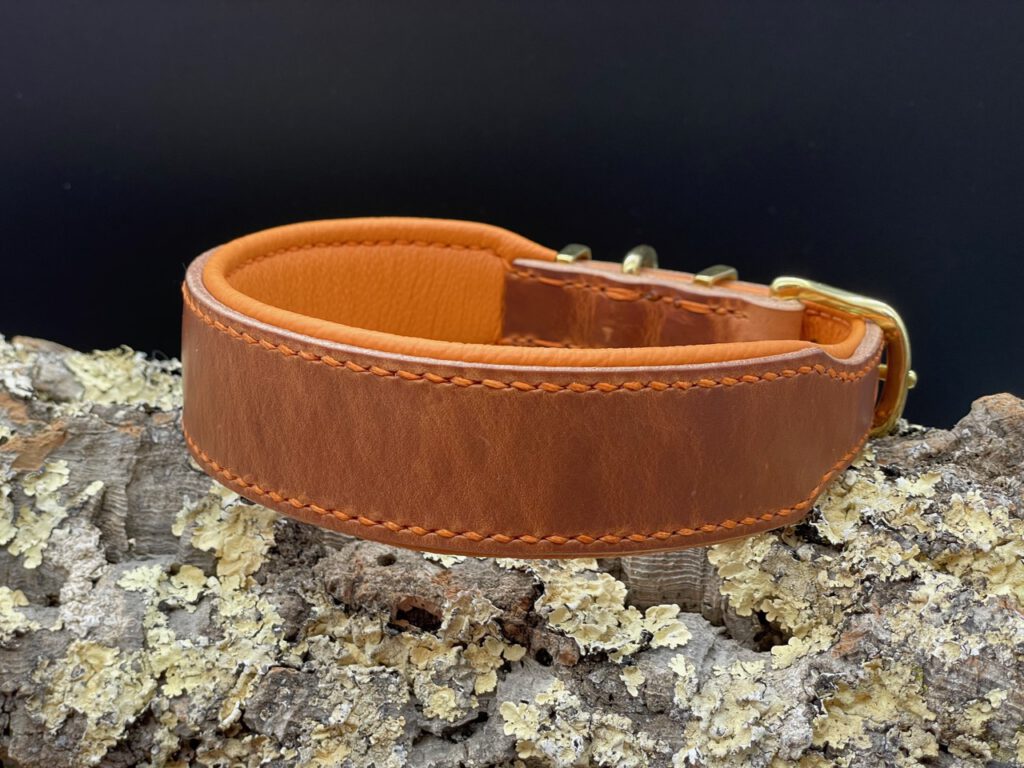 klassisches Lederhalsband "Ludwig" aus Geschirrleder Natur, gepolstert mit orangefarbenem Nappaleder, mit Dornschließe und Messingbeschlägen