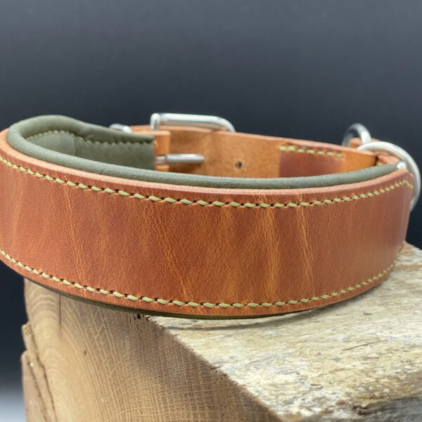 Zugstopphalsband "Theo" Geschirrleder Natur mit Olivfarbener Polsterung