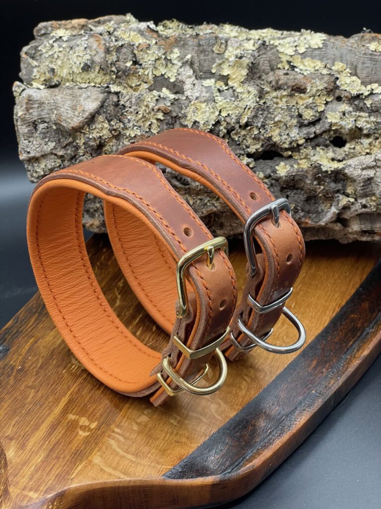 klassisches Lederhalsband Modell "Ludwig" mit Dornschließe, Geschirrleder mit Polsterung aus Nappaleder in Farbe Orange. Messing oder Edelstahlbeschläge.