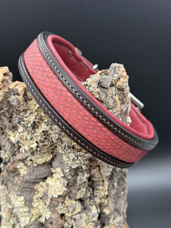 Dunkelbraunes Lederhalsband "Legend" mit Lachsleder Inlay in Strawberry und Edelstahlbeschlägen