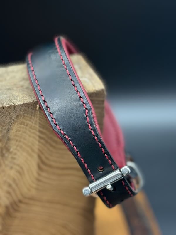 Lederhalsband Ludwig in Schwarz mit Weinroter Polsterung und Edelstahlbeschlägen